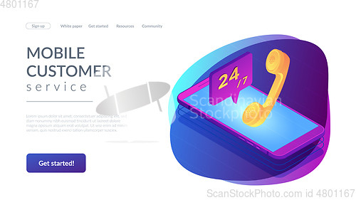 Image of Mobile customer service isometric 3D landing page.