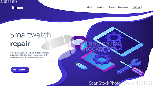 Image of Mobile device repair concept isometric 3D landing page.
