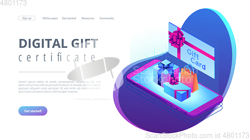 Image of Digital gift card isometric 3D landing page.