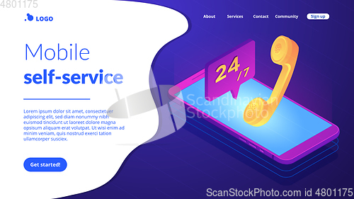 Image of Mobile customer service isometric 3D landing page.