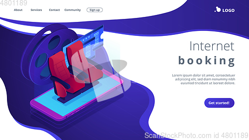 Image of Buying tickets online isometric 3D landing page.