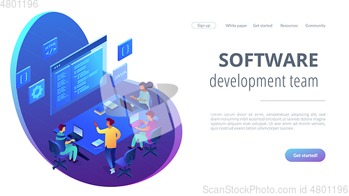 Image of Software development team isometric 3D landing page.