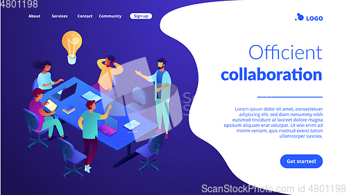 Image of Productive team communication isometric 3D landing page.