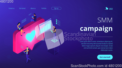 Image of Social media engagement isometric 3D landing page.