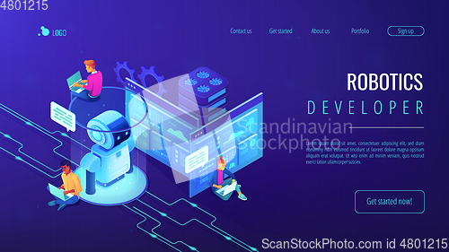 Image of Robotics developer isometric 3D landing page.