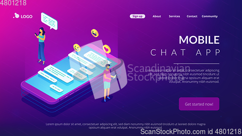 Image of Messaging application isometric 3D landing page.