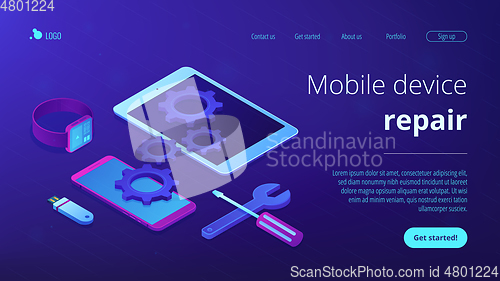 Image of Mobile device repair concept isometric 3D landing page.