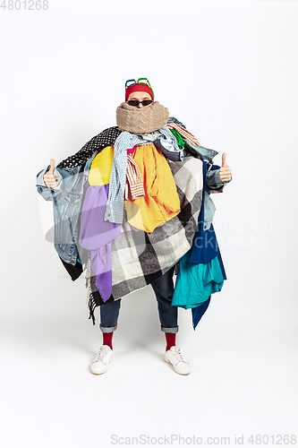 Image of Man addicted of sales and clothes, overproduction and crazy demand