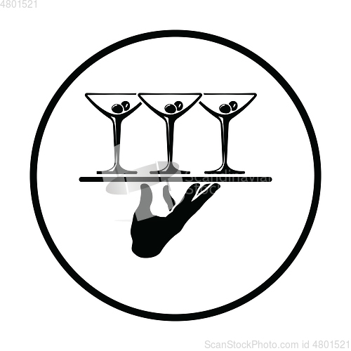 Image of Waiter hand holding tray with martini glasses icon