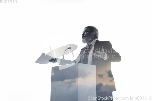 Image of Speaker, coach or chairman during politician speech on white background