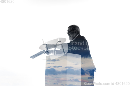 Image of Speaker, coach or chairman during politician speech on white background