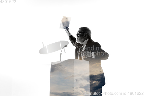 Image of Speaker, coach or chairman during politician speech on white background