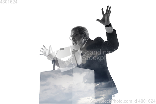 Image of Speaker, coach or chairman during politician speech on white background