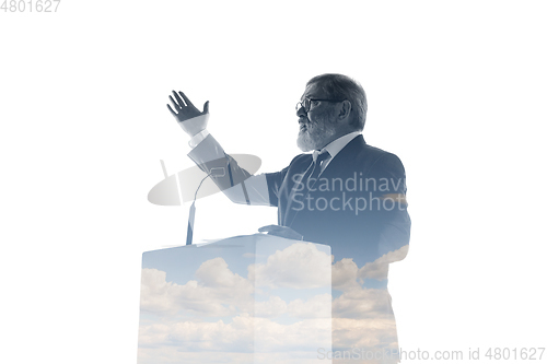 Image of Speaker, coach or chairman during politician speech on white background