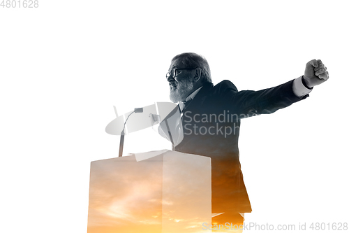 Image of Speaker, coach or chairman during politician speech on white background