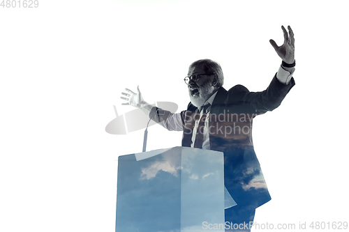 Image of Speaker, coach or chairman during politician speech on white background