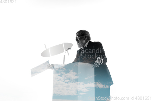 Image of Speaker, coach or chairman during politician speech on white background