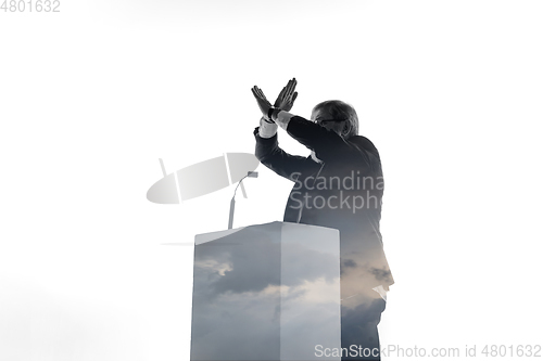 Image of Speaker, coach or chairman during politician speech on white background