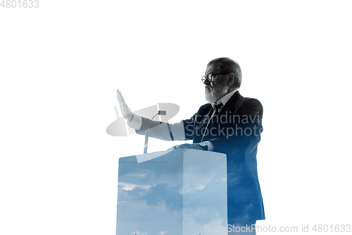 Image of Speaker, coach or chairman during politician speech on white background