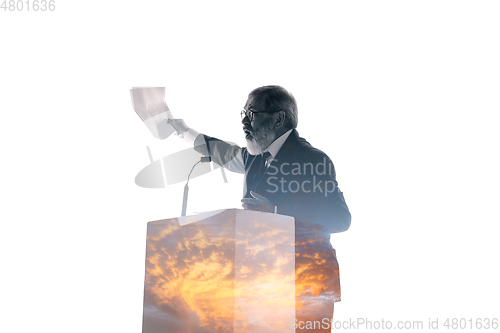 Image of Speaker, coach or chairman during politician speech on white background