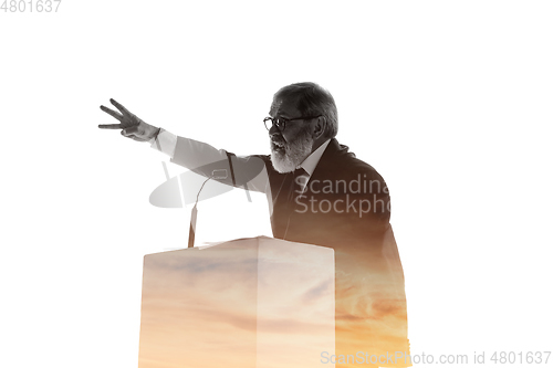 Image of Speaker, coach or chairman during politician speech on white background