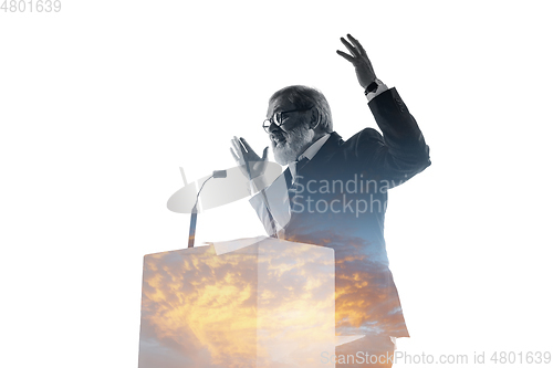 Image of Speaker, coach or chairman during politician speech on white background