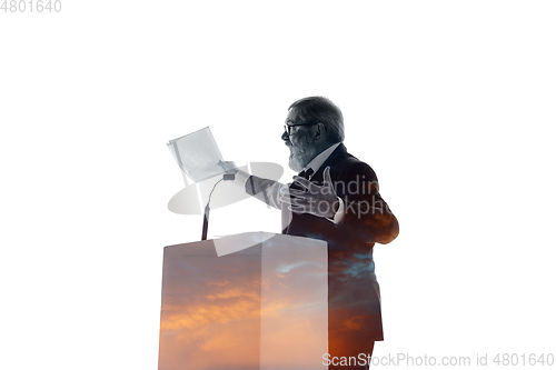 Image of Speaker, coach or chairman during politician speech on white background