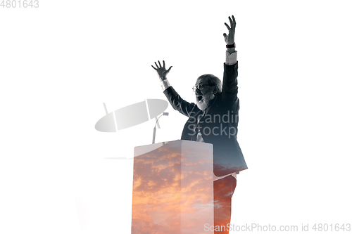 Image of Speaker, coach or chairman during politician speech on white background