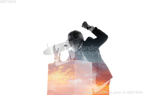 Image of Speaker, coach or chairman during politician speech on white background