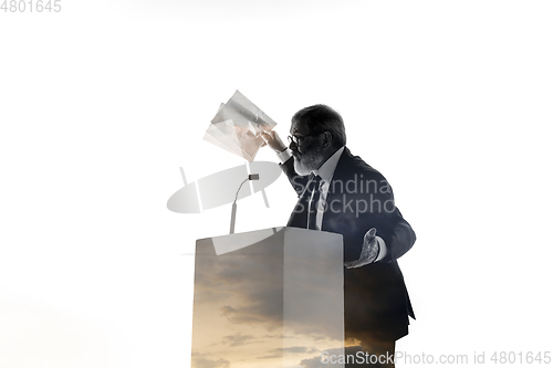 Image of Speaker, coach or chairman during politician speech on white background