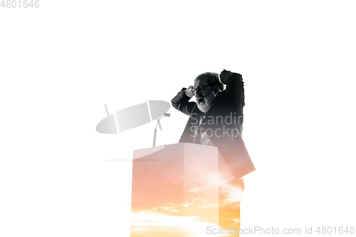 Image of Speaker, coach or chairman during politician speech on white background