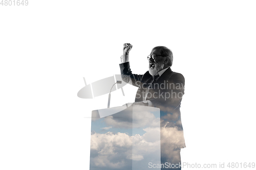 Image of Speaker, coach or chairman during politician speech on white background