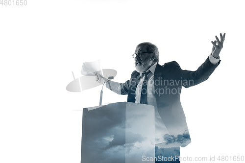 Image of Speaker, coach or chairman during politician speech on white background