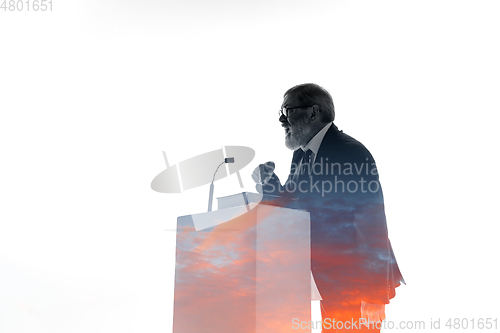 Image of Speaker, coach or chairman during politician speech on white background