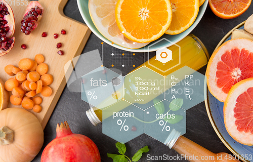 Image of glass bottles of fruit and vegetable juices