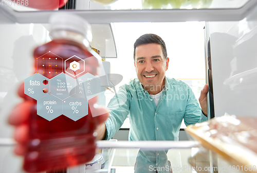 Image of man taking juice from fridge at home kitchen