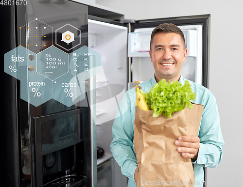 Image of man with new purchased food at home fridge