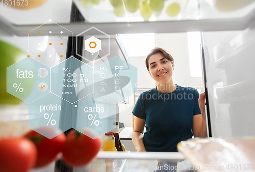 Image of happy woman at open fridge at home kitchen