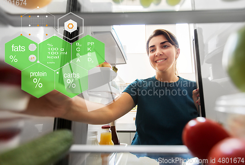 Image of happy woman taking food from fridge at home