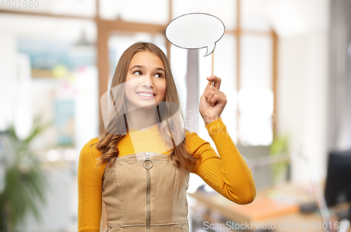 Image of teenage girl holding speech bubble over office