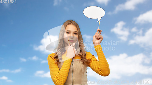 Image of teenage girl holding speech bubble over sky