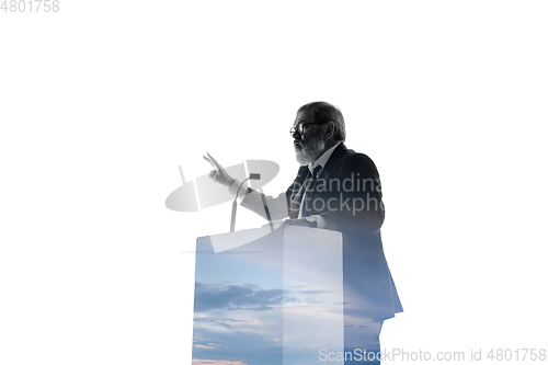 Image of Speaker, coach or chairman during politician speech on white background