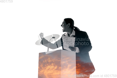 Image of Speaker, coach or chairwoman during politician speech on white background