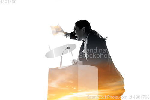 Image of Speaker, coach or chairwoman during politician speech on white background