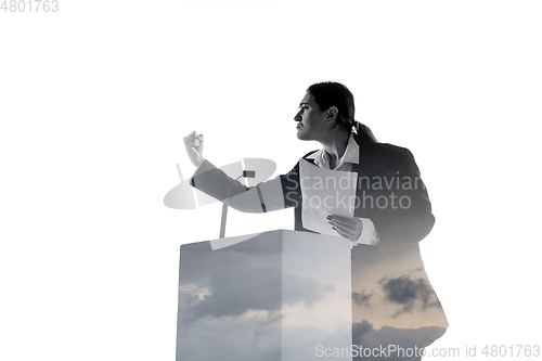 Image of Speaker, coach or chairwoman during politician speech on white background