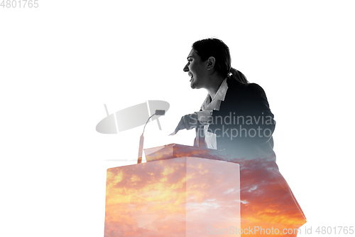 Image of Speaker, coach or chairwoman during politician speech on white background