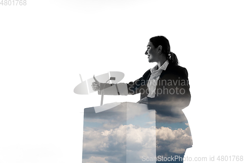 Image of Speaker, coach or chairwoman during politician speech on white background