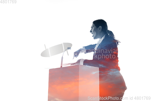 Image of Speaker, coach or chairwoman during politician speech on white background