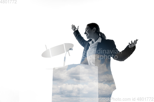 Image of Speaker, coach or chairwoman during politician speech on white background