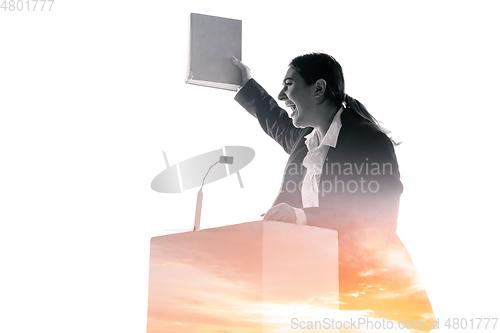 Image of Speaker, coach or chairwoman during politician speech on white background